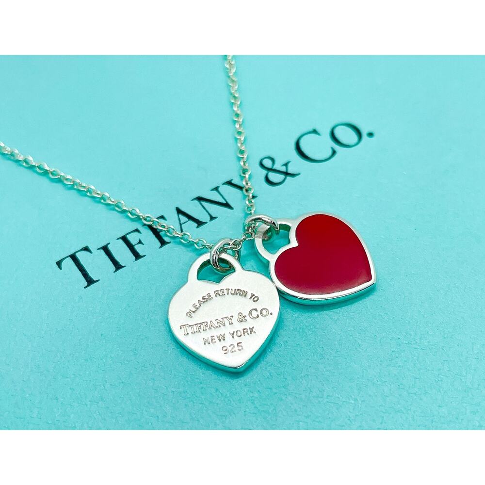 Tiffany & Co. Return Red Mini Double Heart Pendant Necklace 16-18" (ENGRAVED) - Picture 8 of 12